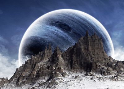 синий, горы, облака, снег, планеты, научная фантастика - копия обоев рабочего стола