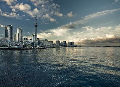вода, облака, города, Канада, Торонто, Харбор, залив, CN Tower, гаваней, Озеро Онтарио - обои на рабочий стол