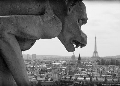 Париж, оттенки серого, горгулья, монохромный, город небоскребов - обои на рабочий стол