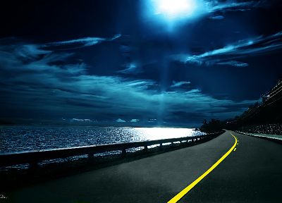океан, пейзажи, ночь, лунный свет, дороги - оригинальные обои рабочего стола