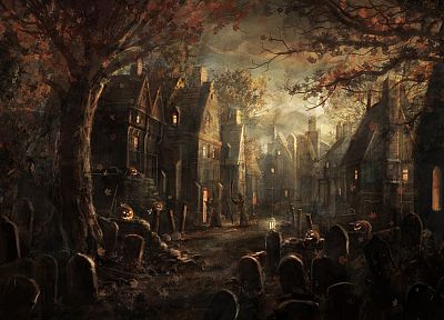 осень, Хэллоуин, дома, надгробия, ночь, кладбище, Radojavor - копия обоев рабочего стола