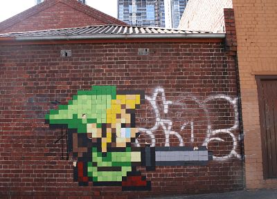 Линк, граффити, Легенда о Zelda, стрит-арт, кирпичная стена - похожие обои для рабочего стола