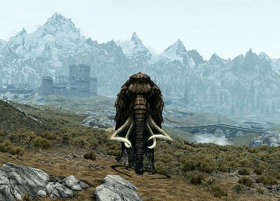 видеоигры, скриншоты, мамонта, The Elder Scrolls V : Skyrim - копия обоев рабочего стола