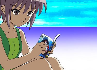 чтение, Нагато Юки, Меланхолия Харухи Судзумии, аниме девушки, колени вместе - оригинальные обои рабочего стола