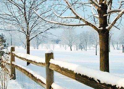 зима, снег, деревья, заборы - оригинальные обои рабочего стола