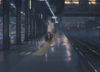 Макото Синкай, вокзалы, линии электропередач, 5 сантиметров в секунду, произведение искусства, аниме, железнодорожная - копия обоев рабочего стола