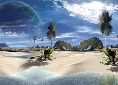 пейзажи, деревья, планеты, тропический, 3D оказывает, пляжи - оригинальные обои рабочего стола