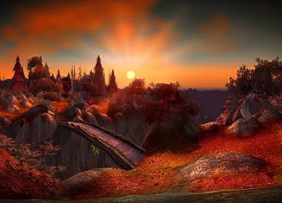 закат, осень, Мир Warcraft, мосты, Фэнтази, Aszhara - оригинальные обои рабочего стола