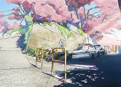 вишни в цвету, Макото Синкай, живописный, 5 сантиметров в секунду, полицейские машины - похожие обои для рабочего стола