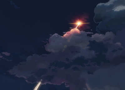 облака, ночь, Макото Синкай, 5 сантиметров в секунду, аниме, инверсионных, небо, небеса - копия обоев рабочего стола