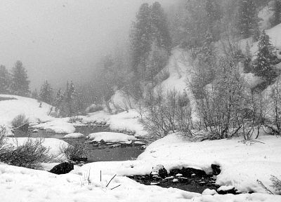 природа, зима, снег, деревья, скалы, реки - оригинальные обои рабочего стола