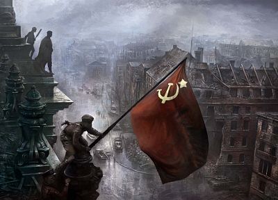 солдаты, флаги, Вторая мировая война, произведение искусства, Советский флаг России, рейхстаг - оригинальные обои рабочего стола