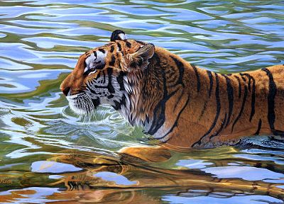вода, животные, тигры, произведение искусства - случайные обои для рабочего стола