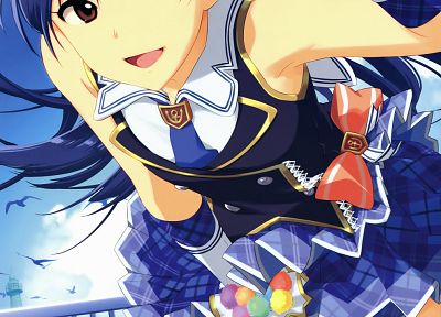 школьная форма, галстук, подол, Kisaragi Chihaya, синие волосы, красные глаза, колготки, аниме, аниме девушки, Idolmaster - обои на рабочий стол