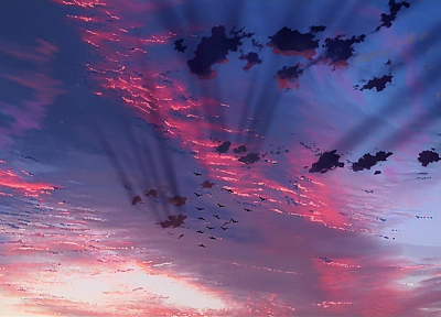 птицы, иллюстрации, Макото Синкай, Место Обещали в наших ранних дней, небо, подсветкой - оригинальные обои рабочего стола