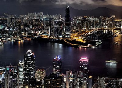 города, ночь, здания, Гонконг, города - оригинальные обои рабочего стола