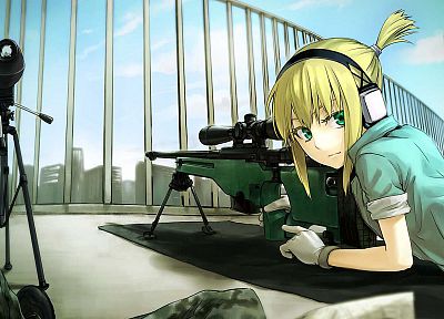 блондинки, снайперы, снайперские винтовки, зеленые глаза, аниме девушки, игры, SV- 98, Материал Снайпер - оригинальные обои рабочего стола