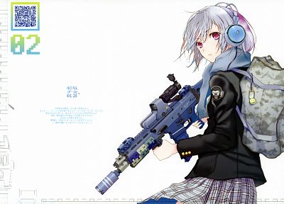наушники, оружие, Fuyuno Харуаки, штурмовая винтовка, простой фон, аниме девушки, ACR - оригинальные обои рабочего стола