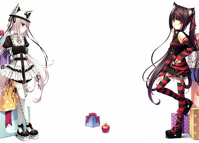 уши животных, бедра, Sayori Neko Работы, простой фон, аниме девушки, оригинальные персонажи, Chocolat ( Sayori ), Ваниль ( Sayori ), полосатые носки - похожие обои для рабочего стола