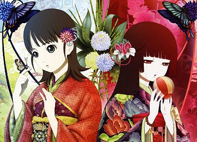 Jigoku Shoujo, Енма Ai, японская одежда, аниме девушки, украшения для волос, челка, черные волосы - оригинальные обои рабочего стола