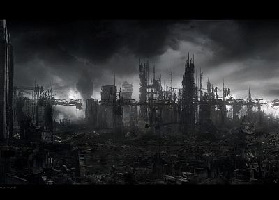 облака, серый, разрушение, здания, Апокалипсис - копия обоев рабочего стола