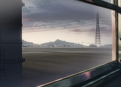 художественный, поезда, Макото Синкай, линии электропередач, 5 сантиметров в секунду, транспортные средства, оконные стекла - оригинальные обои рабочего стола