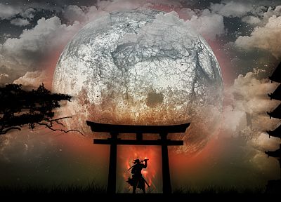 Япония, Луна, самурай, рисунки - копия обоев рабочего стола
