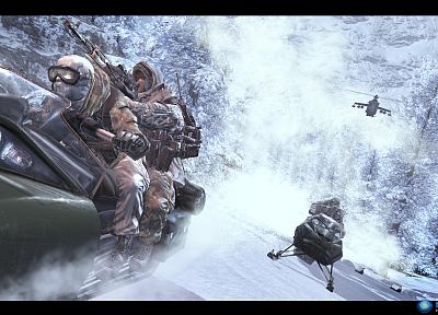 снег, деревья, вертолеты, леса, буря, Чувство долга, темные очки, камуфляж, спецназ, Зов Duty: Modern Warfare 2, ACOG, русские, ak47, снегоходы - похожие обои для рабочего стола