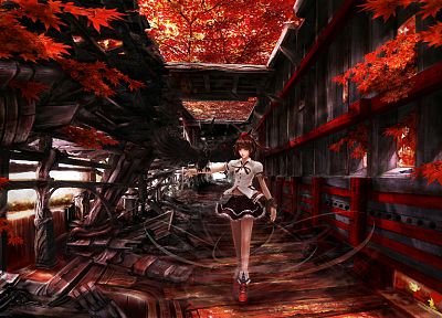 видеоигры, Тохо, осень, листья, красные глаза, Shameimaru Ая, аниме девушки, тэнгу - оригинальные обои рабочего стола