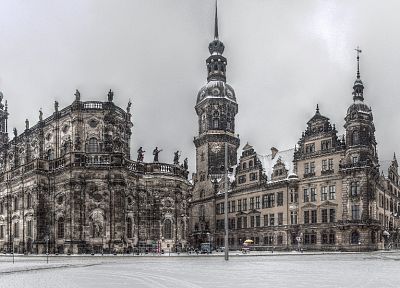 снег, города, Германия, скульптуры, церкви, Дрезден, HDR фотографии - оригинальные обои рабочего стола