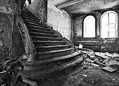 руины, распад, лестницы, оттенки серого, монохромный, старые здания - оригинальные обои рабочего стола