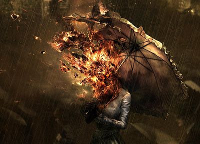 девушки, дождь, огонь, зонтики - случайные обои для рабочего стола