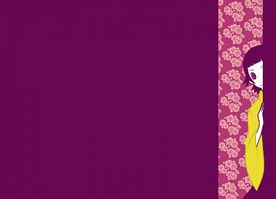 Sayonara Zetsubou Сенсей, фиолетовые волосы, короткие волосы, фиолетовые глаза, японская одежда, простой фон, аниме девушки, фиолетовый фон, челка, выглядывал, цветочные текстуры, Tsunetsuki Matoi, широкие рукава - похожие обои для рабочего стола