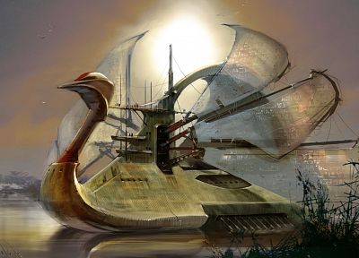 корабли, лебеди, сюрреалистичный, Фэнтази, паруса, Даниэль Dociu - оригинальные обои рабочего стола