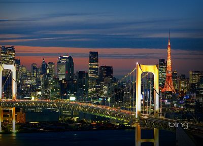 Япония, Токио, горизонты, мосты, Токийская башня, Радужный мост - похожие обои для рабочего стола