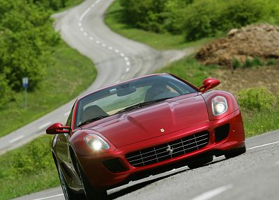 красный цвет, леса, автомобили, Феррари, дороги, транспортные средства, Ferrari 599, Ferrari 599 GTB Fiorano, вид спереди - обои на рабочий стол
