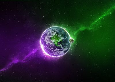 зеленый, космическое пространство, звезды, фиолетовый, Земля - оригинальные обои рабочего стола