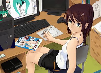 ПК, аниме девушки - оригинальные обои рабочего стола