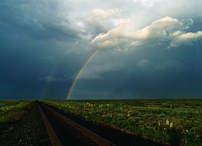 облака, радуга, железнодорожные пути, двойная радуга, небо - случайные обои для рабочего стола
