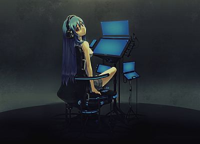 синие волосы, красные глаза, аниме девушки, оригинальные персонажи - обои на рабочий стол