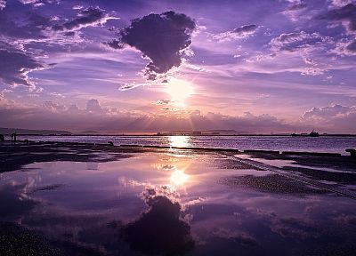 закат, природа, небо, отражения, фиолетовый небо, море - обои на рабочий стол