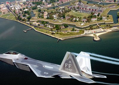 вода, самолет, F-22 Raptor, небо, Форт-Монро, В.А. - похожие обои для рабочего стола