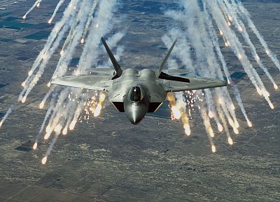 самолет, военный, F-22 Raptor, самолеты, вспышки - похожие обои для рабочего стола