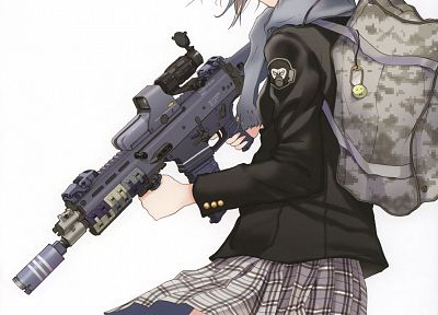 наушники, подол, оружие, Fuyuno Харуаки, штурмовая винтовка, фиолетовые глаза, простой фон, аниме девушки, рюкзаки, ACR - обои на рабочий стол