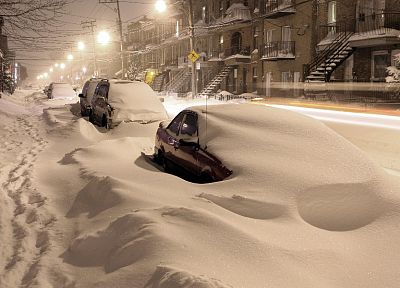 снег, улицы, автомобили, уличные фонари - обои на рабочий стол