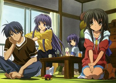 Clannad, Ибуки Фуко, Fujibayashi Kyou, Fujibayashi Ryou, Окадзаки Tomoya - копия обоев рабочего стола
