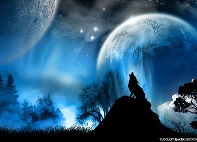 синий, звезды, планеты, Луна, волки - оригинальные обои рабочего стола