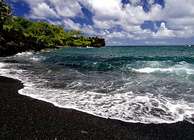 волны, Гавайи, черный песок, пляжи - оригинальные обои рабочего стола