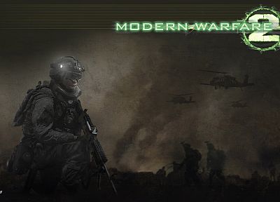 солдаты, вертолеты, дым, Чувство долга, противогазы, темные очки, Армия США, Зов Duty: Modern Warfare 2, M240, фонарик - похожие обои для рабочего стола