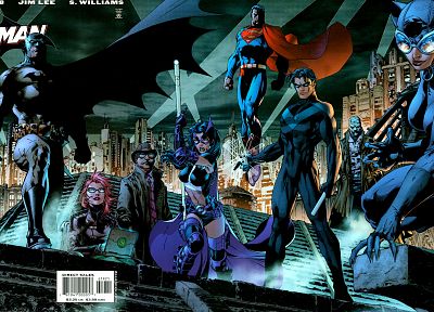 Бэтмен, Робин, супермен, Женщина-кошка, охотница, оракул, Nightwing, Джим Ли, Джеймс Гордон, Барбара Гордон - копия обоев рабочего стола
